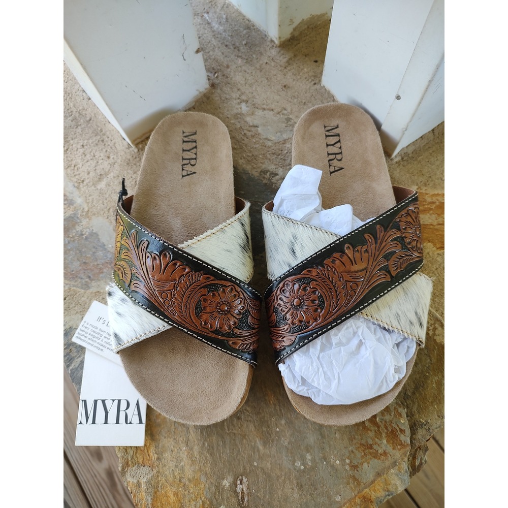 Myra Nevada MB0842 Womens 8 Tooled Leather Hair on Hide Cross Strap Sandals